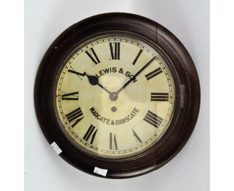 A large mahogany wall clock, white dial with Roman numerals, signed 'Lewis &amp; Son, Margate &amp; Ramsgate', within a turne