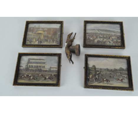 A cast metal model of a racing greyhound, together with four framed prints, mostly depicting horse racing