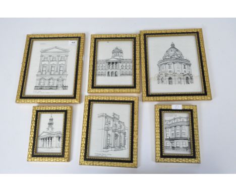 A set of six pictures with architectural prints, in gilt wood and black frames, glazed, largest frame 30cm x 25cm
