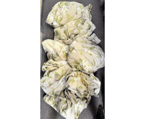 A set of six linen curtains, embroidered with flowers and foliage, lined with cream fabric, variable sizes, approximately 280