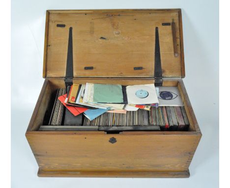 A pine trunk containing a large collection of vintage vinyl, trunk 43cm x 94cm x 49cm
