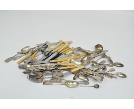 A box of silver plated vintage cutlery to include forks, knives, spoons and a ladle