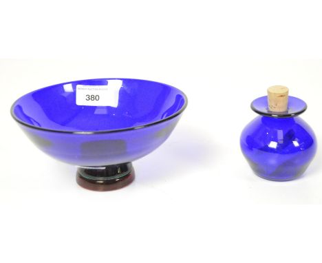 Two pieces of Bristol Blue glass to include a bowl on turquoise and red foot, engraved signature and date Robert Marshall 200
