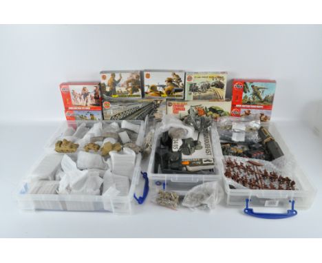 A large quantity of Airfix model kits and vehicles, including tanks, command posts, and more; together with some constructed 