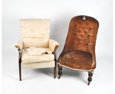 A Victorian button back armchair, upholstered in pink velvet, supported on turned mahogany legs, height 92cm, together with a