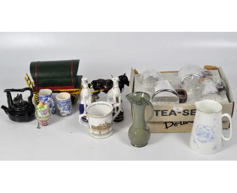 Assorted ceramics including a pair of dalmation dogs, various jugs, a ceramic shire horse with wooden caravan, and a boxed So