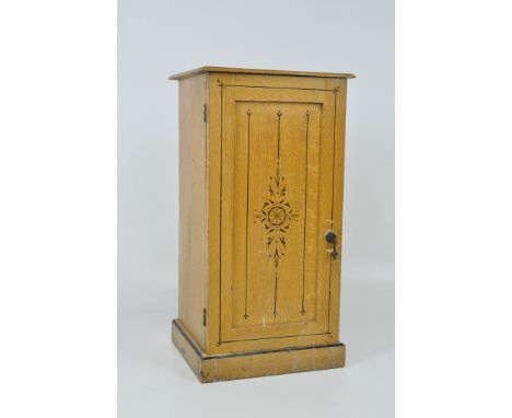 A faux pine pot cupboard with black painted details and one shelf, 70cm x 37cm x 34cm