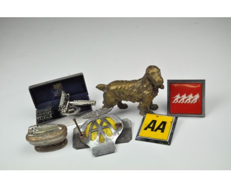 Assorted collectable's, including a brass Cocker Spaniel, two AA car badges, a Ronson table lighter and other items