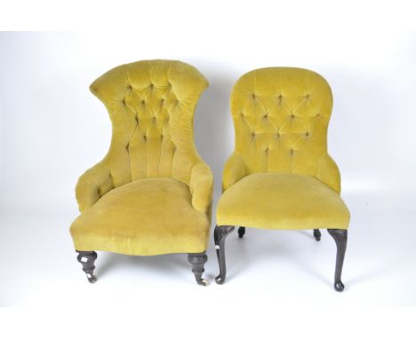 Two Victorian button back nursing chairs, one with turned supports and casters, the other on cabriole supports with moulded d
