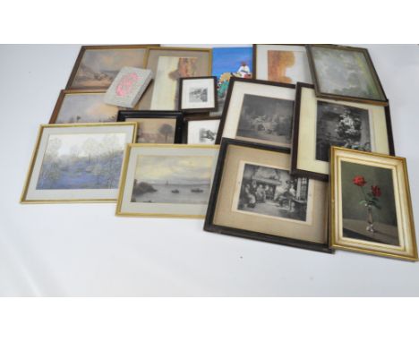 A collection of vintage pictures and prints including an oil on board of a rose in a vase, various landscape scenes, and othe