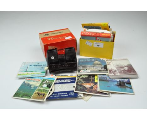A vintage 3-D bakelite View Master, in original box, with various slides
