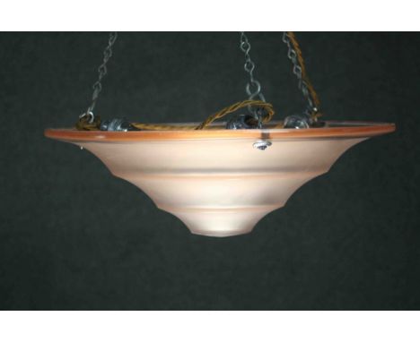 An Art Deco conical frosted peach glass ceiling pendant light shade with chain fittings. H.14 Diameter. 40 cm. 