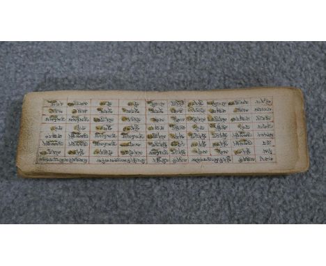 A 19th century hand written Tibetan manuscript on parchment. L.7 W.23 cm 
