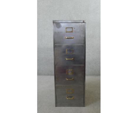 A vintage polished metal filing cabinet with brass fittings. H.132 W.47 D.65CM 