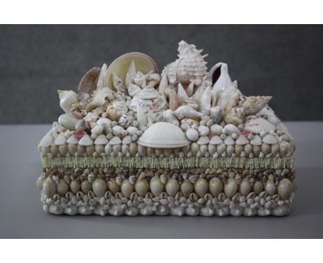 A vintage lined jewellery box encrusted with tropical seashells. H.7 W.29 D.22.cm. 