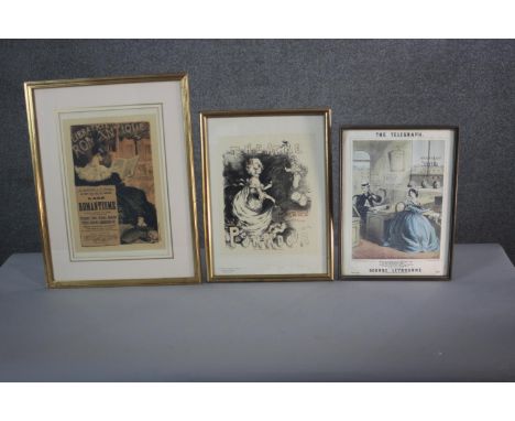 Three framed and glazed vintage French advertising poster engravings. H.51 W.40cm. 