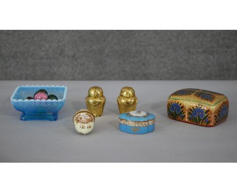 A collection of boxes and other items. Including a Victorian blue opalescent glass bowl filled with gemstone eggs (rutilated 