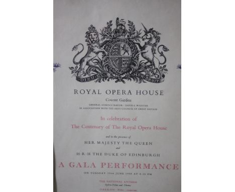 A framed and glazed vintage Royal Opera House programme for the Centenary Royal Gala performance. Dated 1958. H.58 W.38cm 