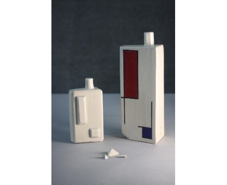 Two mid century Mondrian style hand painted ceramic vases with impressed makers mark. (damaged but has missing pieces). H.19 