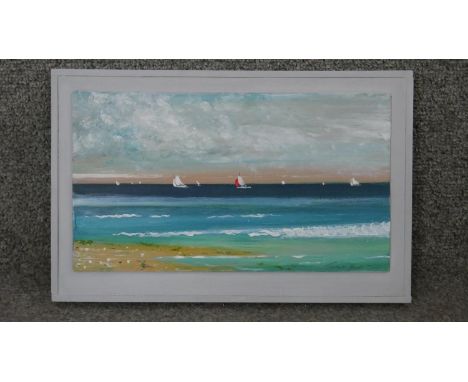 Terence Howe (B.1943) a framed oil on board, 'Seascape', signed with inscription to the reverse.
H.26 W.42cm 