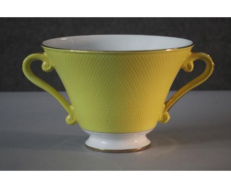 A Salins French ceramic yellow glaze and gilded twin handled conical design serving bowl. Makers mark to the base. H.18 Diame