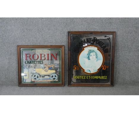 Two framed vintage mirrored advertising signs. One for Ogden's Robin Cigarettes and the other for Chocolat Poulain. H.59 W.48