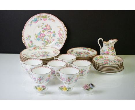 Mintons porcelain tea service decorated with songbirds amongst peonies, to include 6 teacups &amp; saucers, 6 tea plates, 6 l