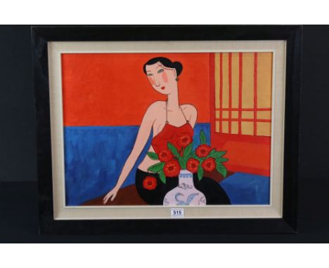 Oil on canvas, a portrait of a retro lady seated by vase if blooms 