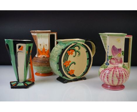 Four Myott, Son &amp; Co hand painted Art Deco jug vases, decorated with floral, foliate and geometric designs on cream groun