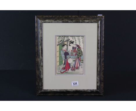 Shunsho Shigemasa attributed, Japanese Woodblock Portrait of Two Geishas in a garden setting 