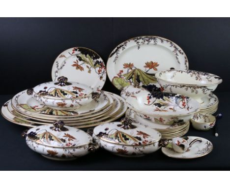 Extensive 19th Century George Jones & Sons ' Lilium ' pattern dinner service, to include 4 oval meat dishes, 2 large serving 