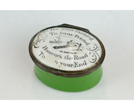 George III enamel patch box, the lid with motto "Be ever faithful to your friend, Honours the road to *** your end" (af)Prove