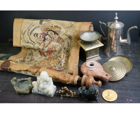 Group of Asian collectables, 10 items , to include an Oriental leather figural wall hanging, an Isis engraved metal offering 