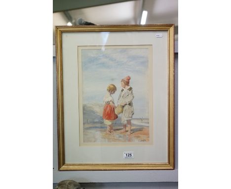 Paul Falconer Poole R.A R.W.S (British 1807-1897) Watercolour of two figures barefoot on the beach holding a fishing creel, s