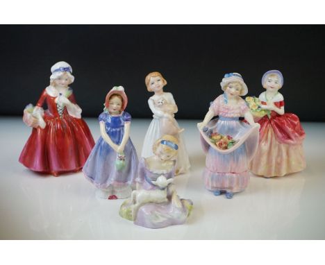 Six Royal Doulton porcelain lady figures to include Lavinia (HN 1955), Cissie (HN1809), Lucy Ann (HN 1502), My First Pet (HN 