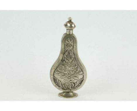 White metal scent bottle of footed flask form, circa 1760, rose and floral decoration front and verso, screw-top lid, height 