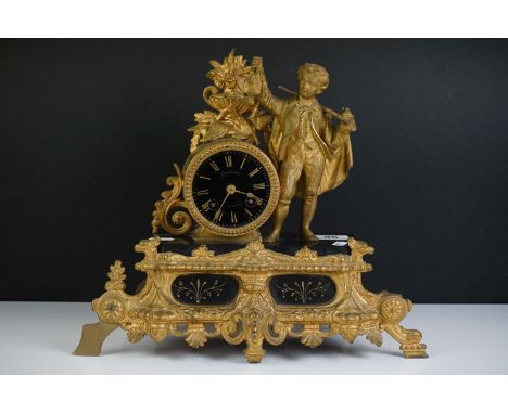 French Ormolu-style ' St Barbanchon Carentan ' gilt metal and slate mantel clock, mounted with a 19th century gentleman with 