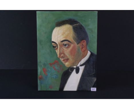 Oil on canvas, a 20th century portrait of a well-dressed gentleman wearing a bow tie, on a green background, 58cm x 43cm 