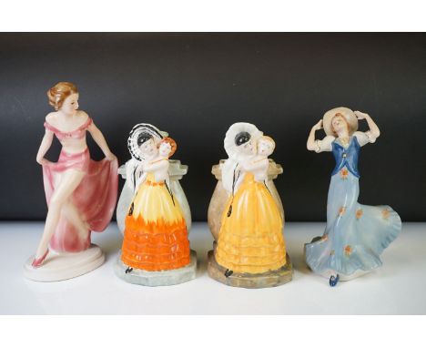 Pair of Myott Son &amp; Co Art Deco figural vases modelled as young couples, 21cm high, together with a Royal Dux Czechoslova