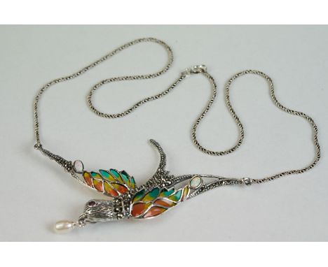 A silver and plique-a-jour bird brooch with drop pearl 
