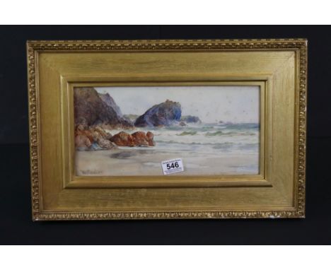 19th Century seascape watercolour of waves lapping against a craggy headland, signed (appears to read as 'W. Rastes'), gilt f