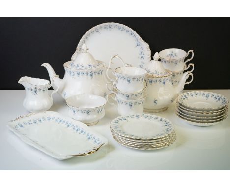 Royal Albert ' Memory Lane ' pattern tea set, to include two teapots &amp; covers, 6 teacups &amp; saucers, 6 tea plates, sug