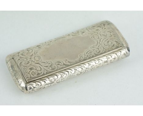 Early Victorian silver snuff box, engraved floral and foliate scroll decoration, vacant cartouche, makers Alfred Taylor, Birm