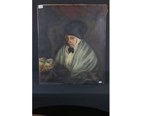 19th century Oil Painting Head and Shoulders Portrait of an Old Woman with a basket of shells and a book on a table before he