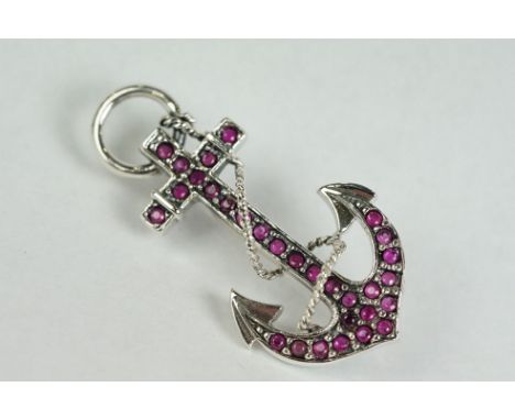 A silver and ruby set anchor style brooch-pendant necklace 