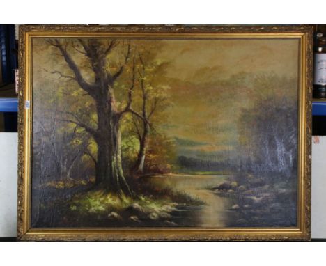 Kaposy 20th century oil on canvas of autumnal trees by a lake in dusky light, signed lower right and dated 1966, gilt framed,