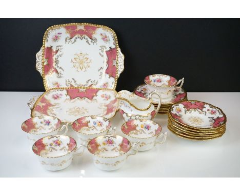 Coalport Pink Batwing Tea Set, circa 1891-1919, to include six teacups &amp; saucers, 6 tea plates, a milk jug and two twin-h