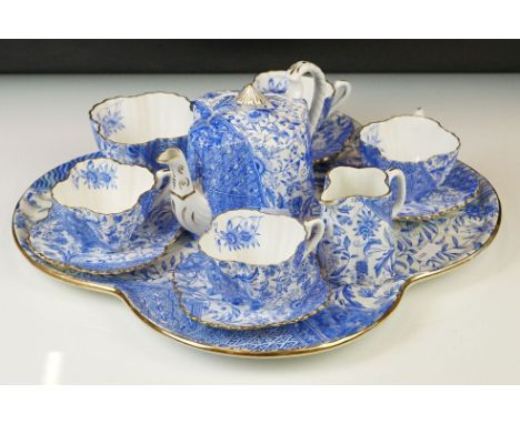 Wileman &amp; Co Cabaret Tray Set decorated in a cobalt blue floral and foliate design in the aesthetic style, to include a t