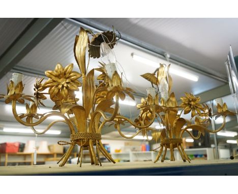 Pair of gilt metal five-branch floral ceiling light fittings, with cast leaf and flower decoration and plant stem-like branch