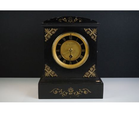 Edwardian slate mantel clock, the gilt and black dial with Roman numerals, signed Sir John Bennett Paris, applied brass decor